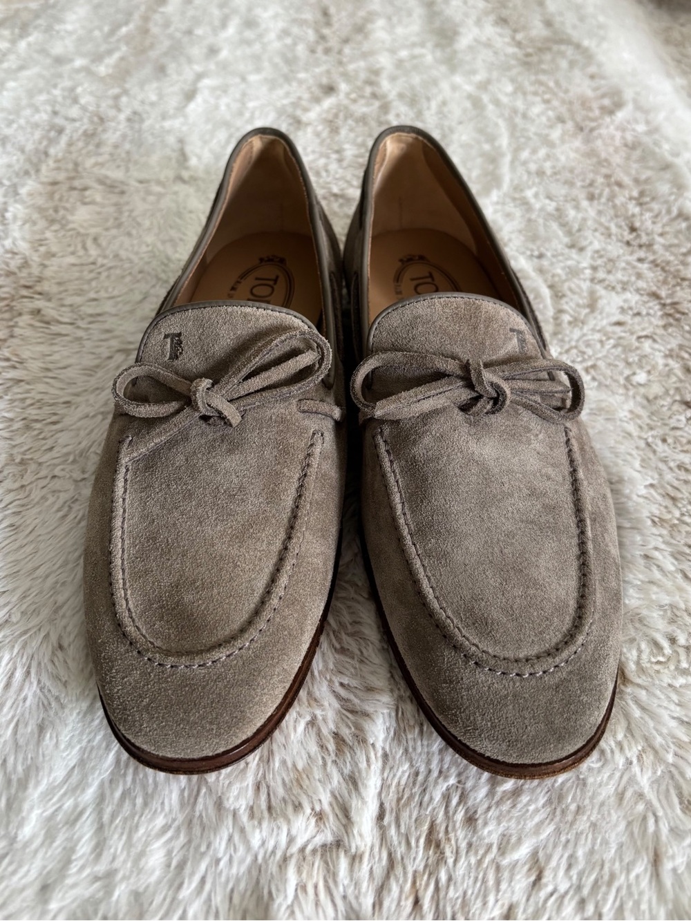 Tod's Suede Bow Lace Loafers Taupe UK 5.5 US 6.5 Leather Sole Made in Italy